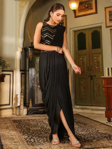 Black Georgette Sequined Ready To Wear Belted Saree With Blouse