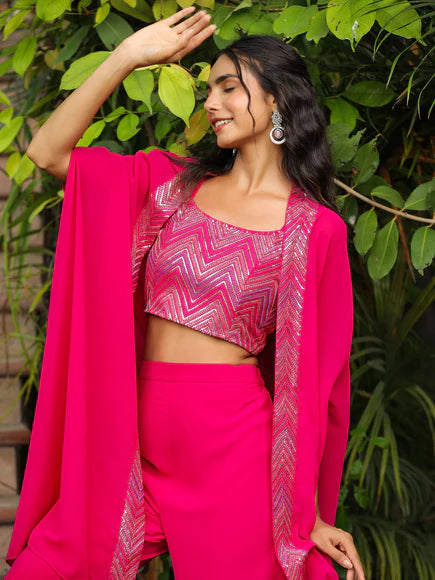 Pink Georgette Embroidered Top With Pant & Cape Set