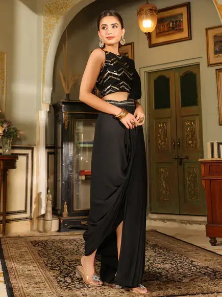 Black Georgette Sequined Ready To Wear Belted Saree With Blouse