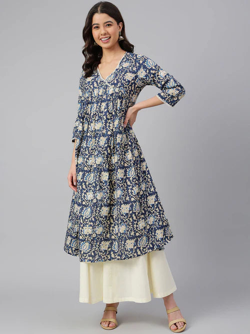 Navy Blue Cotton Printed Flared Kurta
