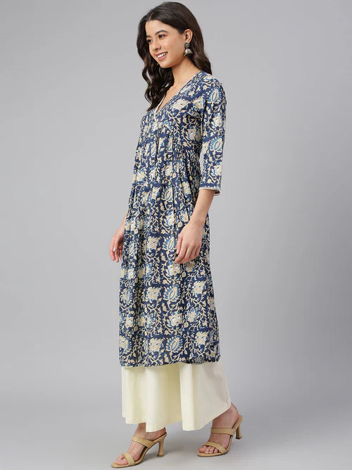 Navy Blue Cotton Printed Flared Kurta