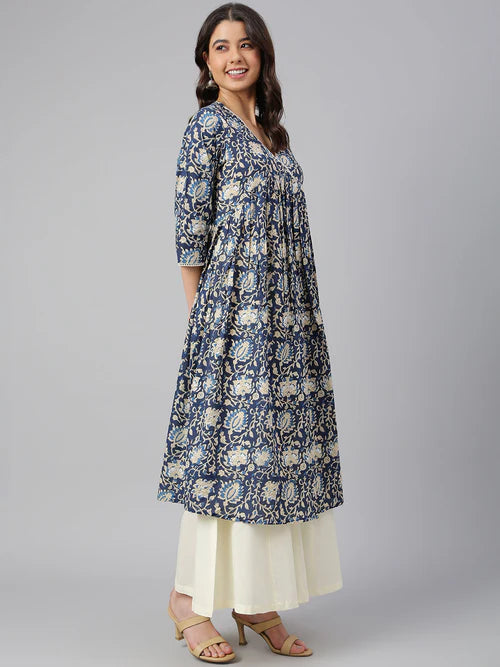Navy Blue Cotton Printed Flared Kurta