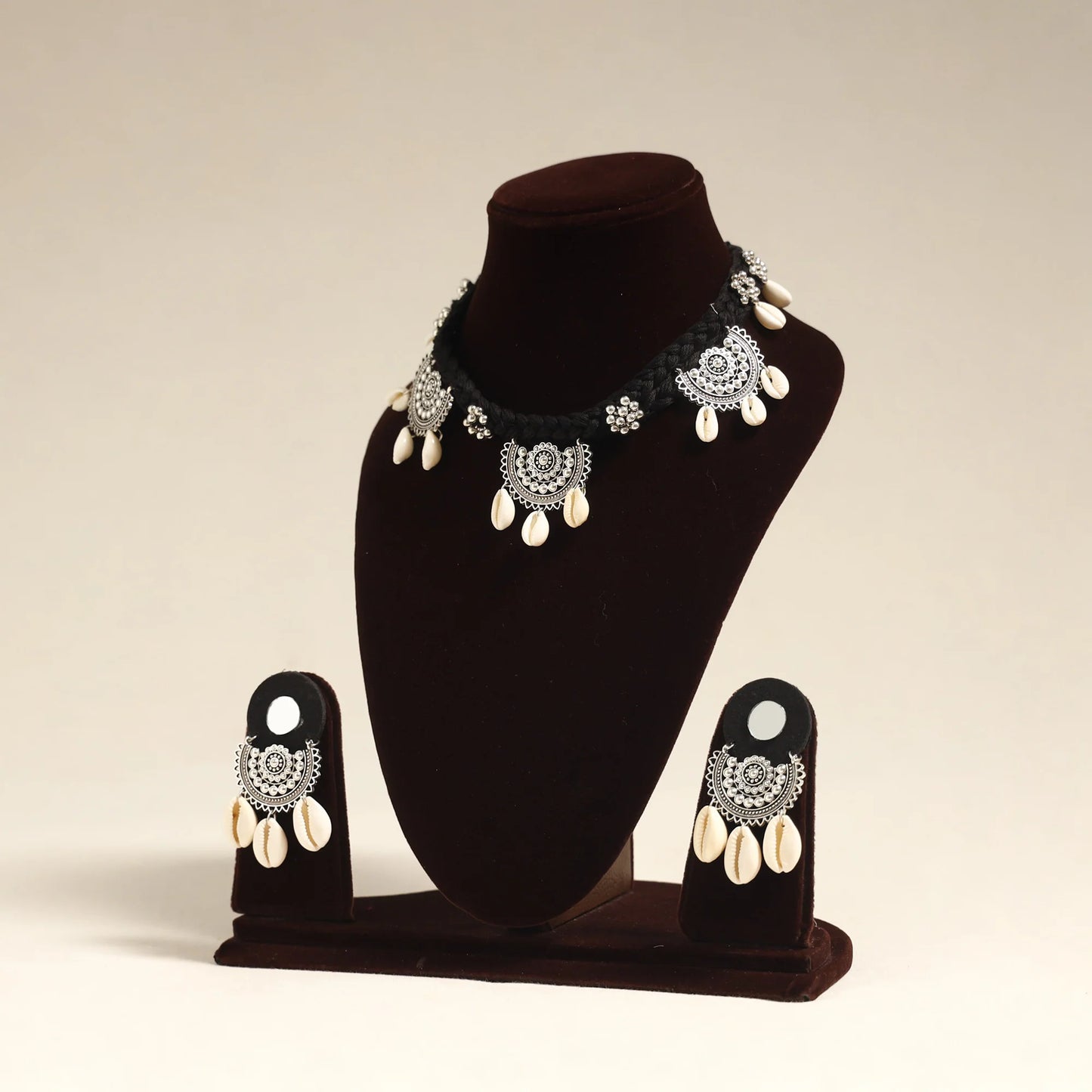 Handcrafted Black German Silver Shell-Work Necklace Set. - Navratri Special