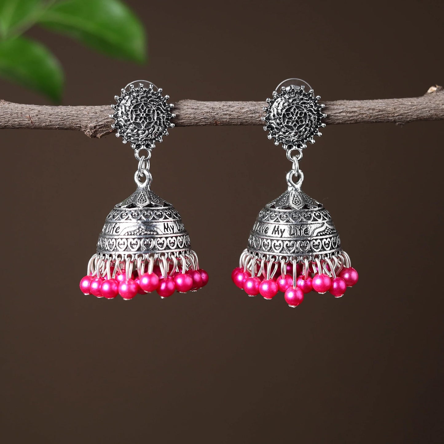 Grey Kriti Handcrafted German Silver Beadwork Jhumki Earrings