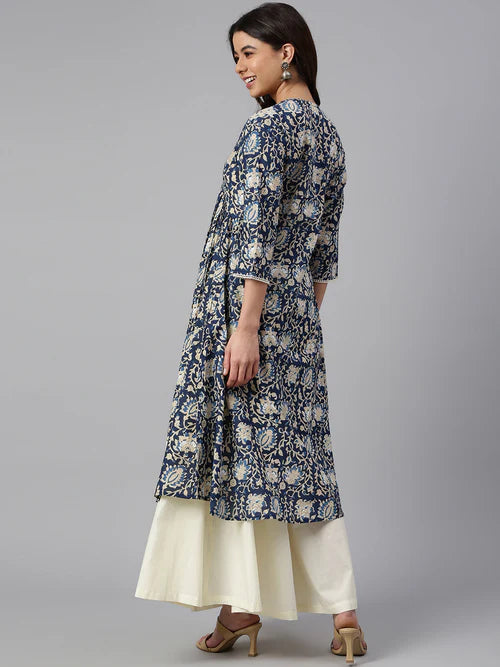 Navy Blue Cotton Printed Flared Kurta