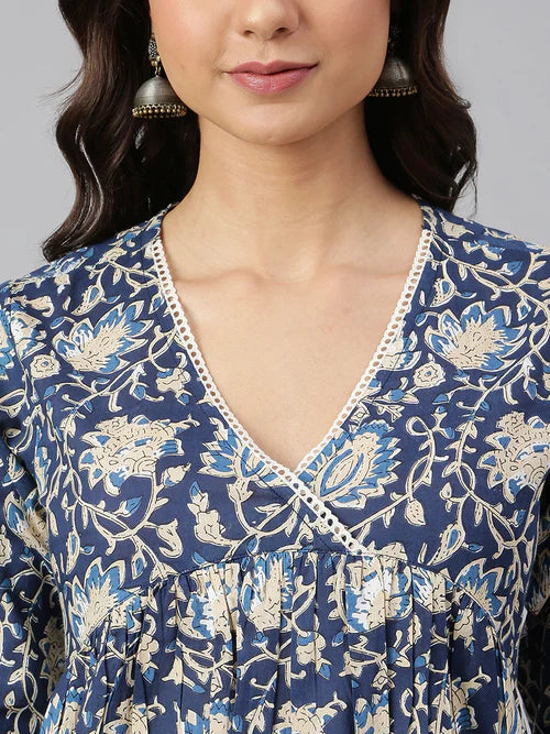 Navy Blue Cotton Printed Flared Kurta