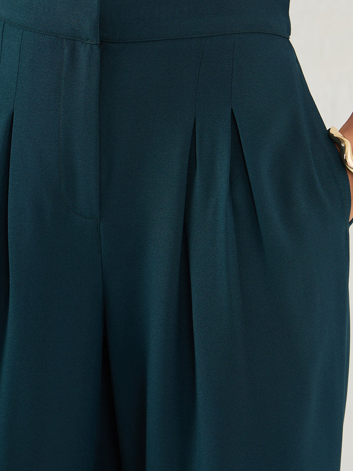Green Pleated Full-Length Formal Trousers
