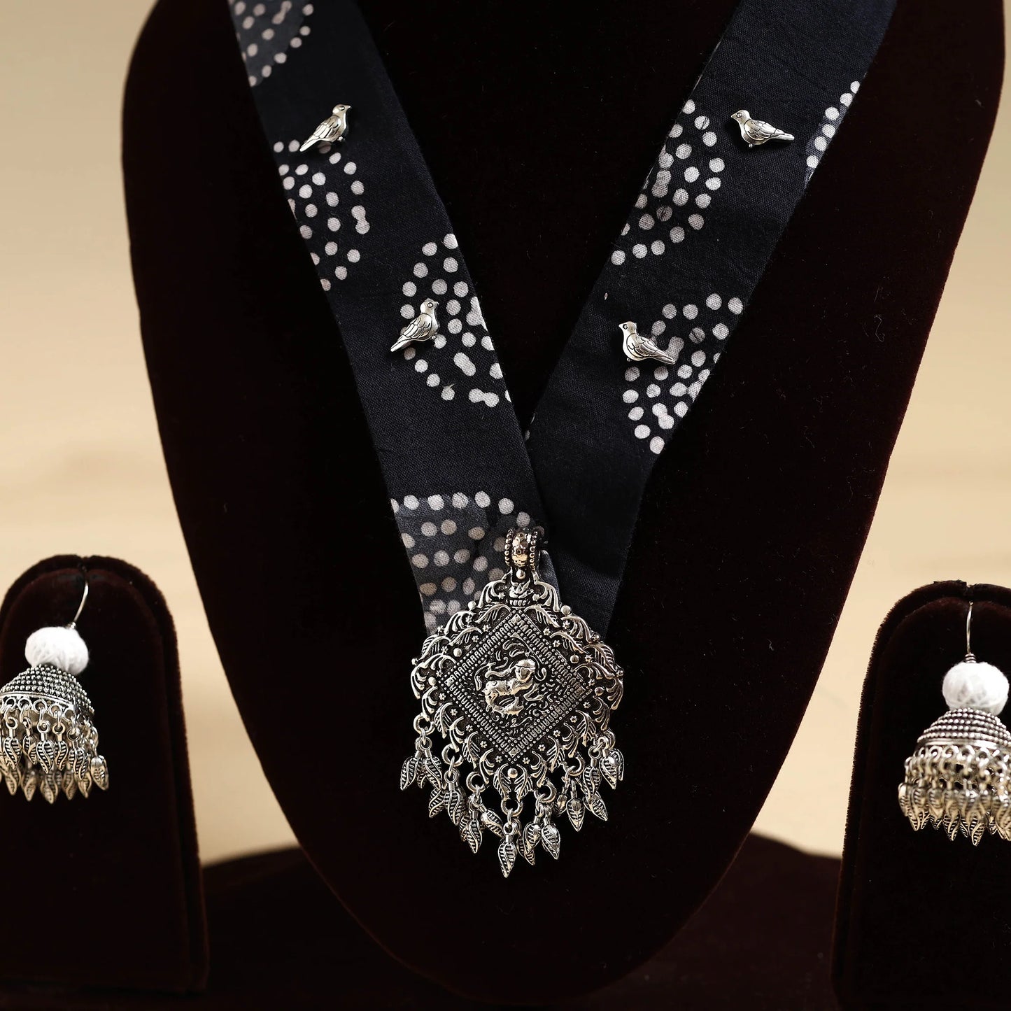 Handcrafted Fabric Necklace Set with German Silver Pendant.