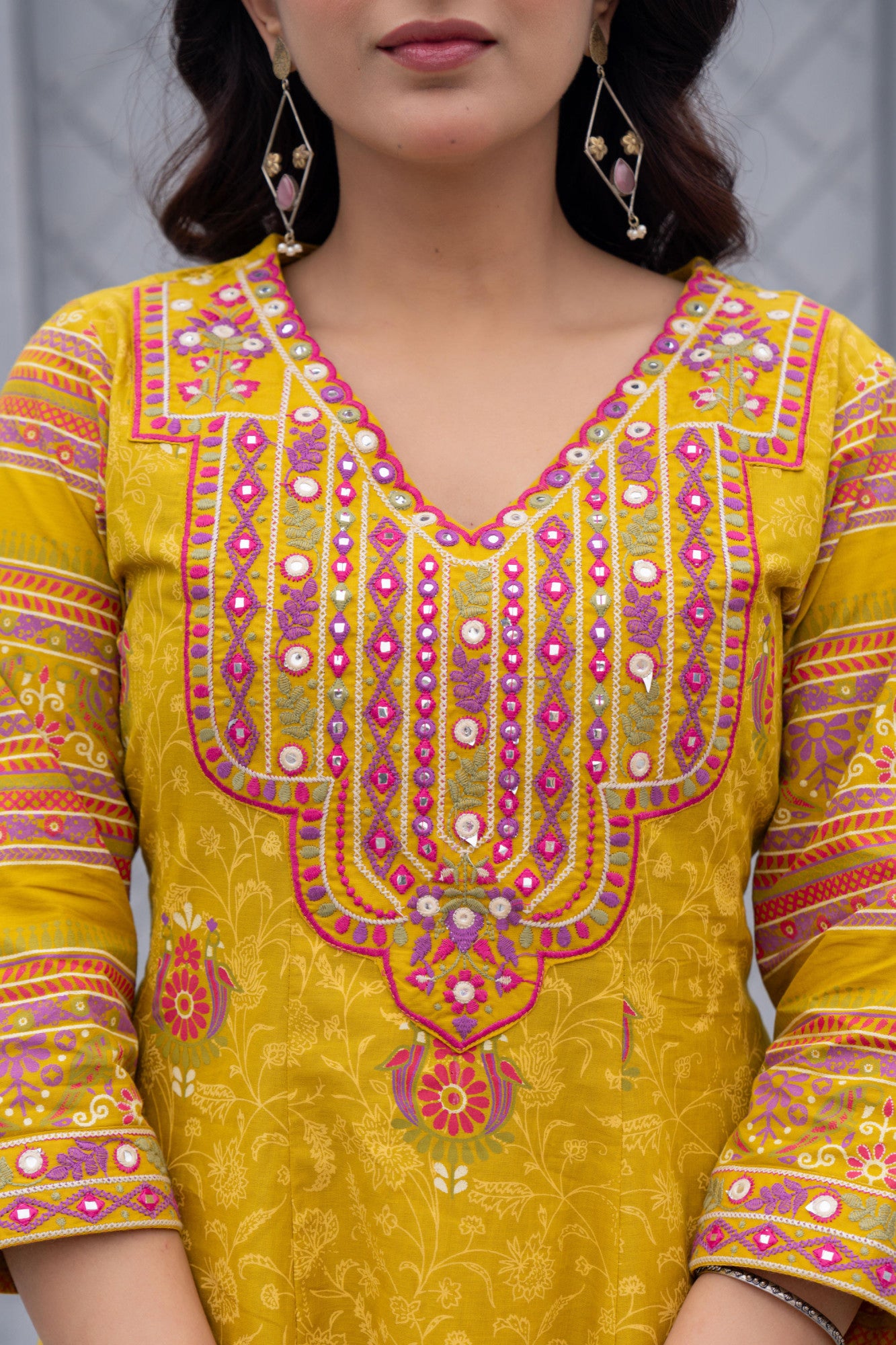 Mustard Bloom – Floral Cotton Kurta Set with Exquisite Thread & Mirror Work