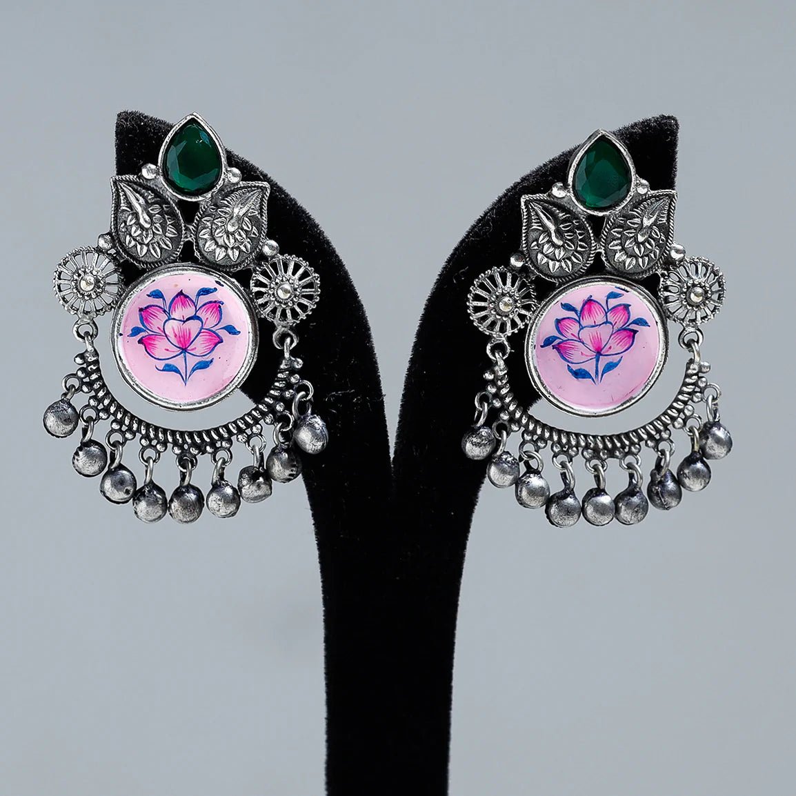 Purple Antique Silver Finish Oxidised Brass Base Enamel & Stone Work Earrings