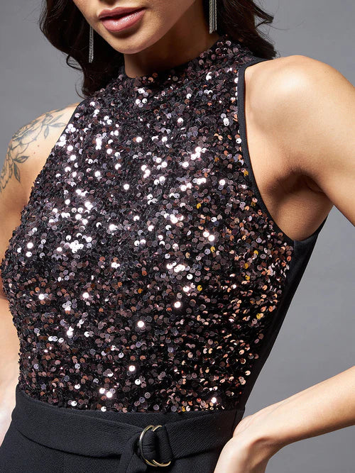 Black & Lavender Sequined Party Jumpsuit