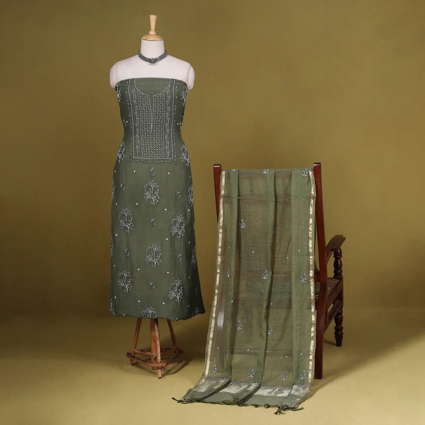 Green Chikankari Dress Material Set (2-Piece) – Mul Cotton x Chanderi Silk