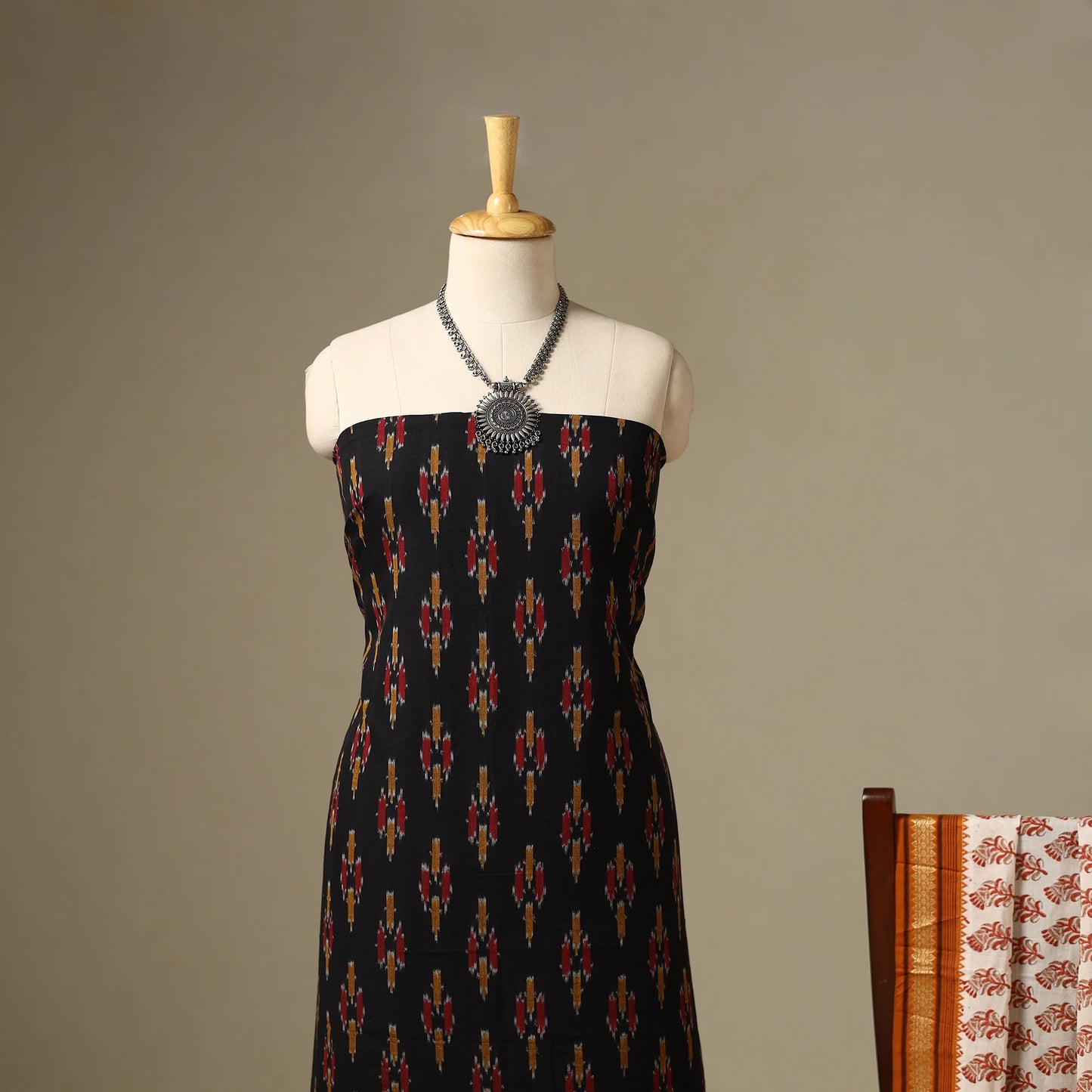 Black Handloom Pochampally Ikat Kurta with Sanganeri Dupatta (2-Piece Cotton Set) - PV5606