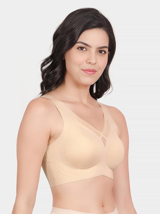 Shyle Pearled Ivory Mesh Neckline Seamless Bra – Effortless Comfort, Elegant Detail