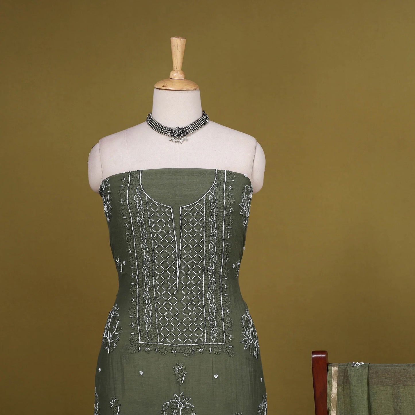 Green Chikankari Dress Material Set (2-Piece) – Mul Cotton x Chanderi Silk