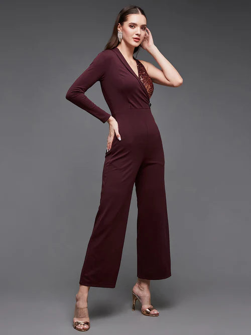 Women's Wine Embellished Asymmetric Sequined Party Blazer Jumpsuit