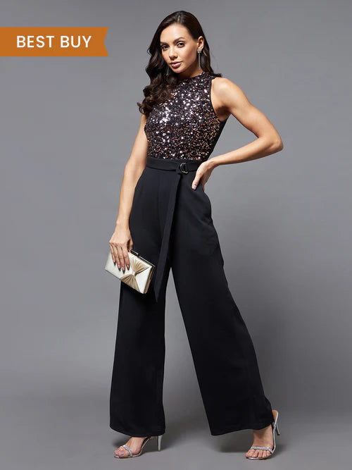 Black & Lavender Sequined Party Jumpsuit