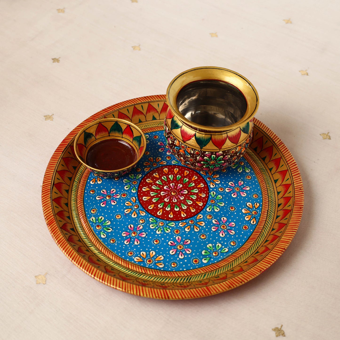 Handpainted Stainless Steel Pooja Thali, Kalash & Bowl