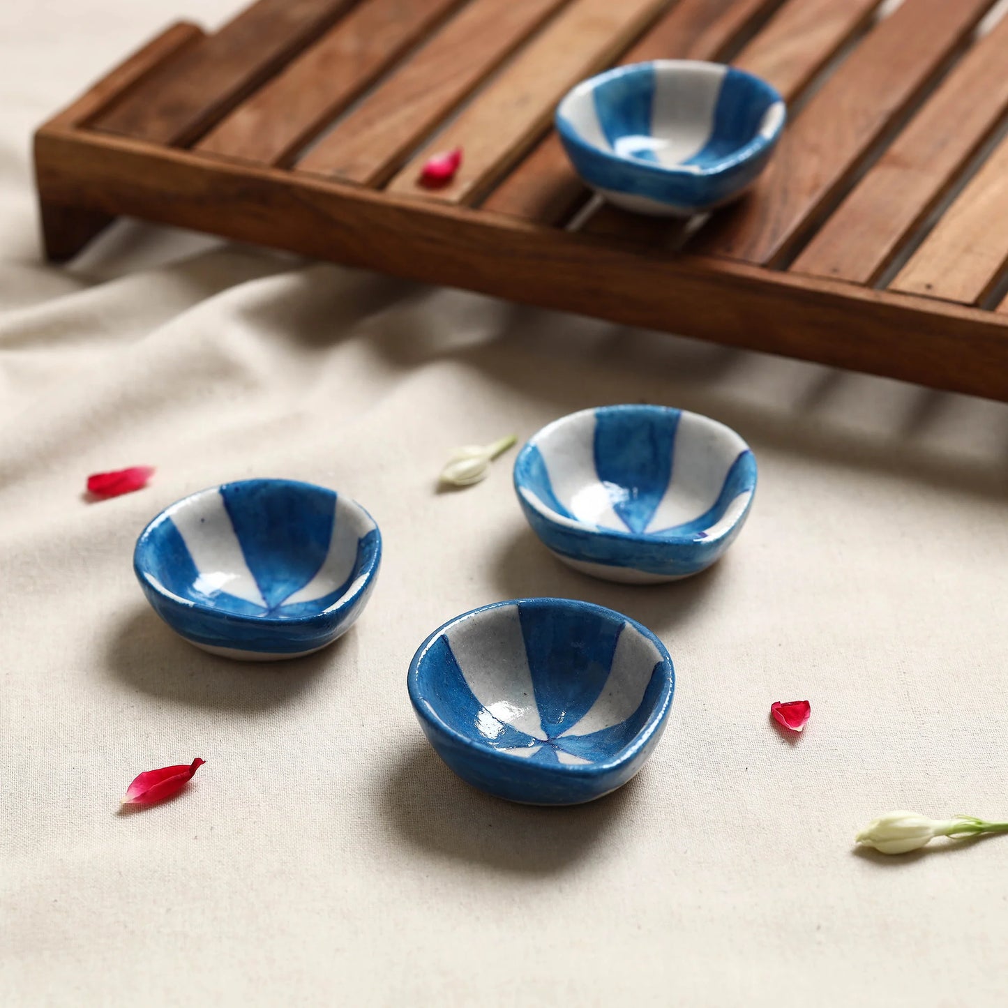 Handcrafted Jaipur blue pottery diya set of 4, eco-friendly decorative diyas for Diwali and festive décor