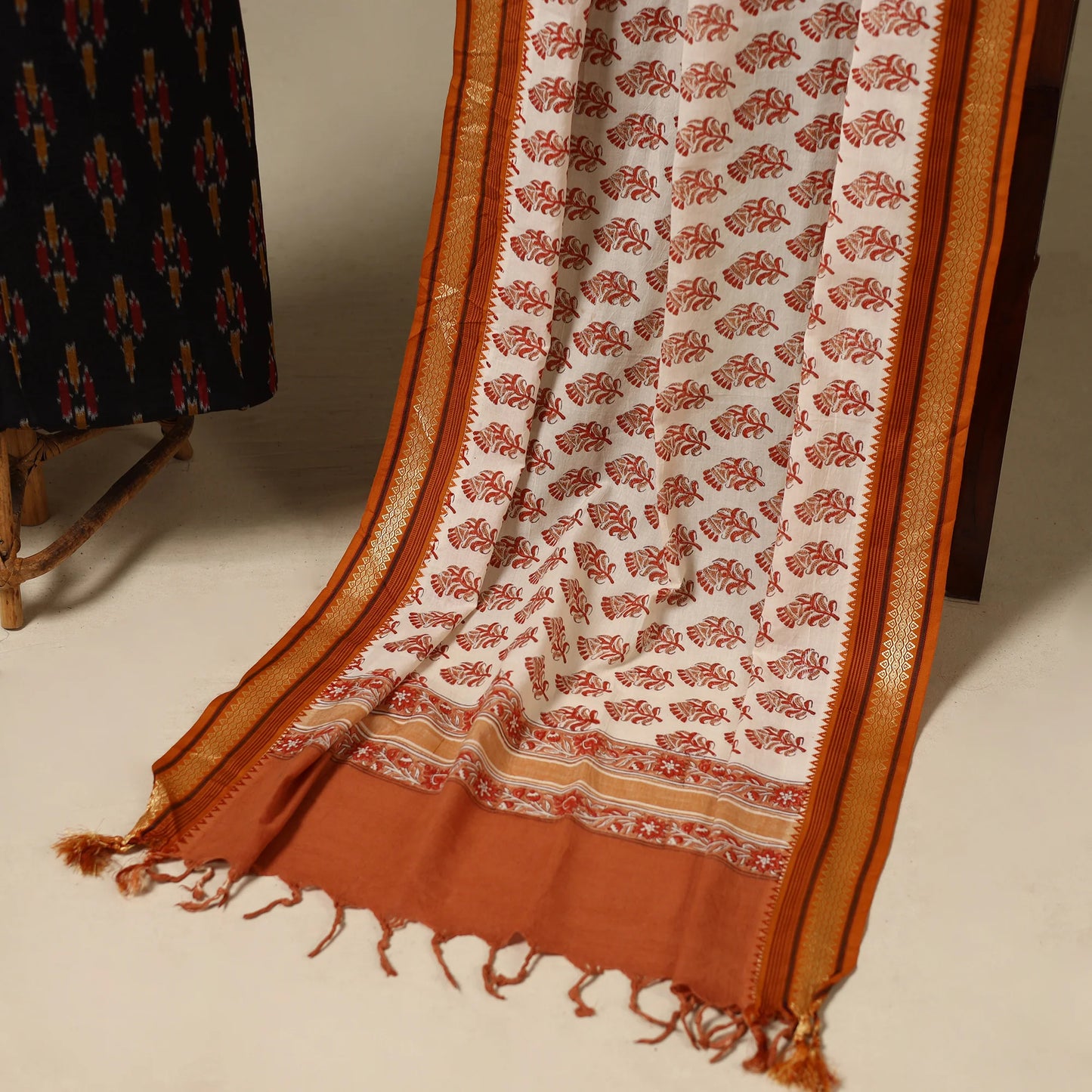 Black Handloom Pochampally Ikat Kurta with Sanganeri Dupatta (2-Piece Cotton Set) - PV5606