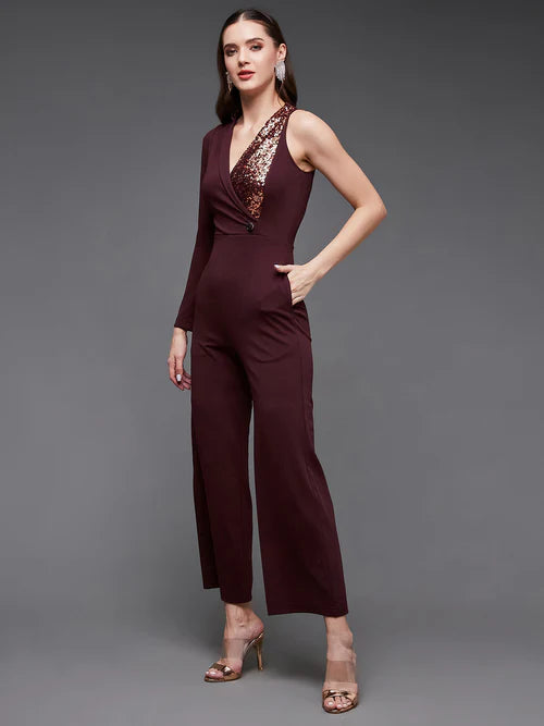 Women's Wine Embellished Asymmetric Sequined Party Blazer Jumpsuit