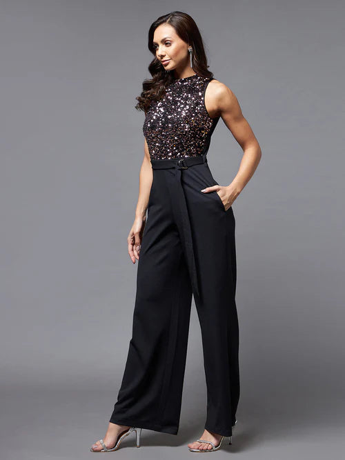 Black & Lavender Sequined Party Jumpsuit