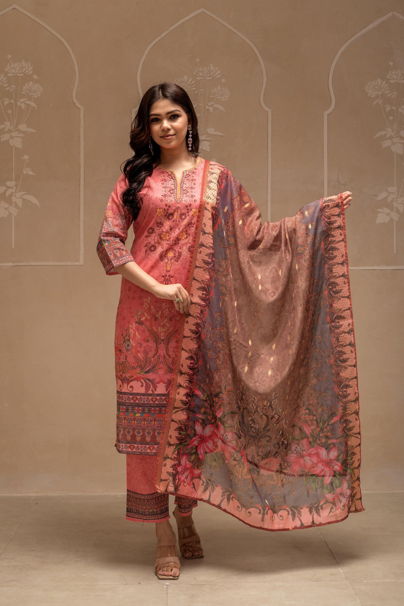 Coral Bloom – Floral Printed Kurta Set with Sequins & Beads Detailing