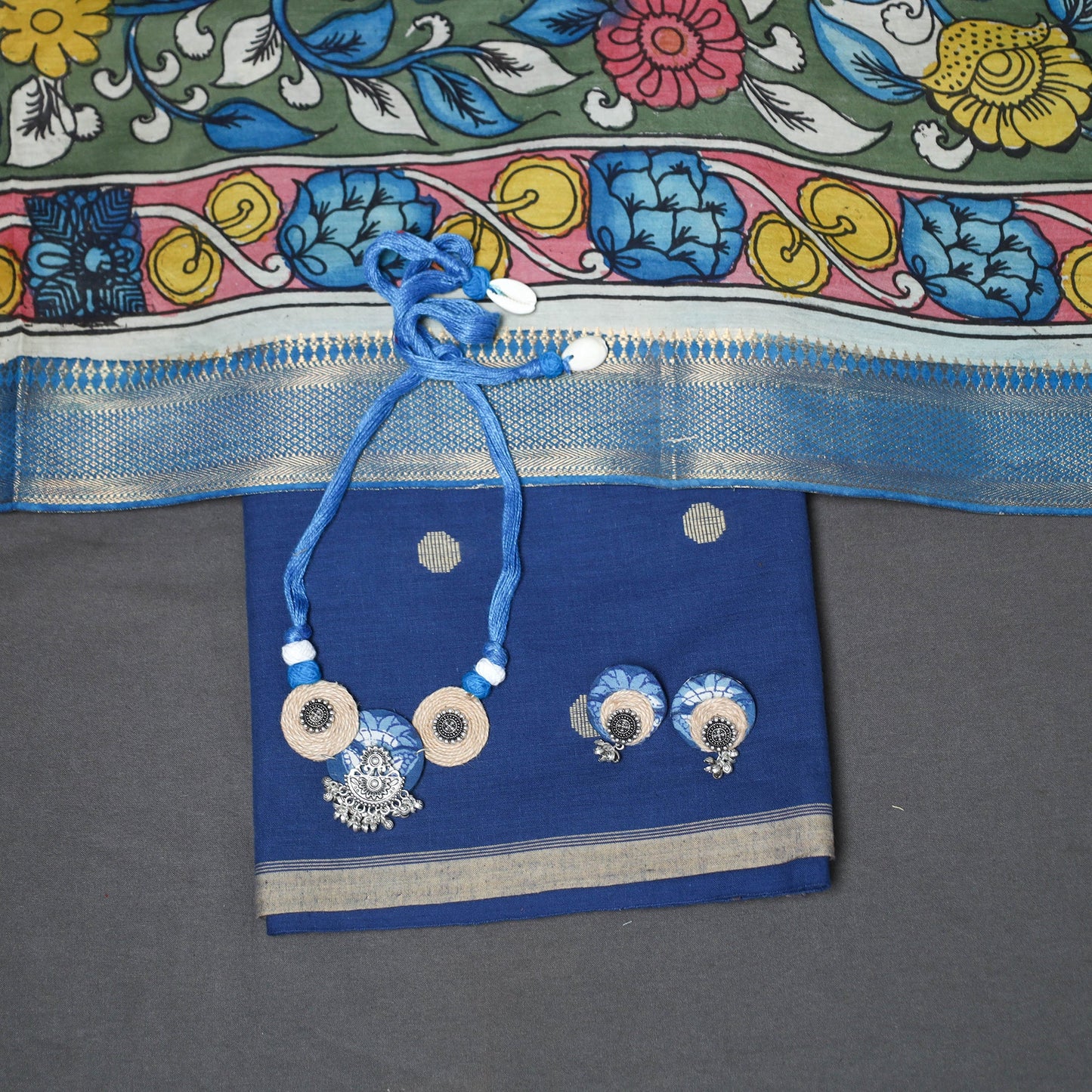 Blue 2-Piece Jacquard Cotton Dress Material Set with Hand-Painted Pen Kalamkari Dupatta & Jewelry