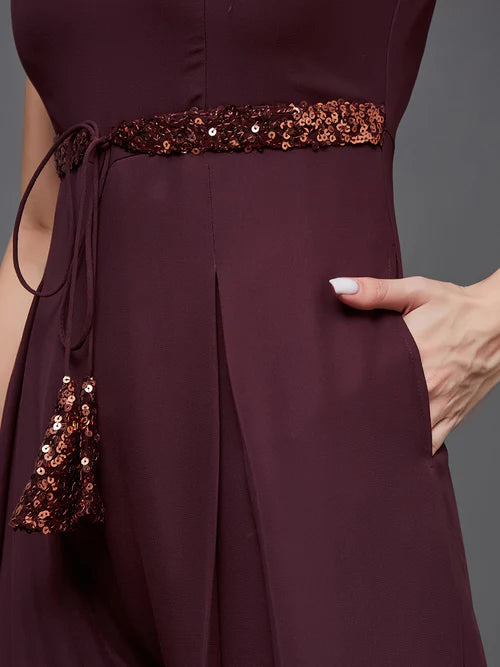 Women's Wine Sequined Sleeveless Round Neck Party Jumpsuit
