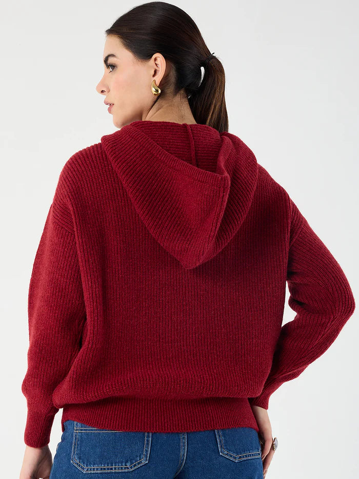 Femella Cranberry Pointelle Hooded Sweater