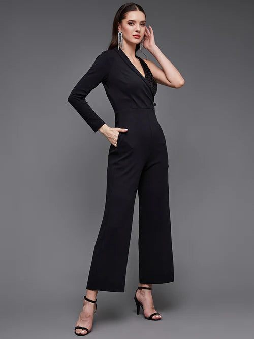 Black Sequined Shawl Collar Asymmetric Blazer-Styled Slim Fit Party Jumpsuit