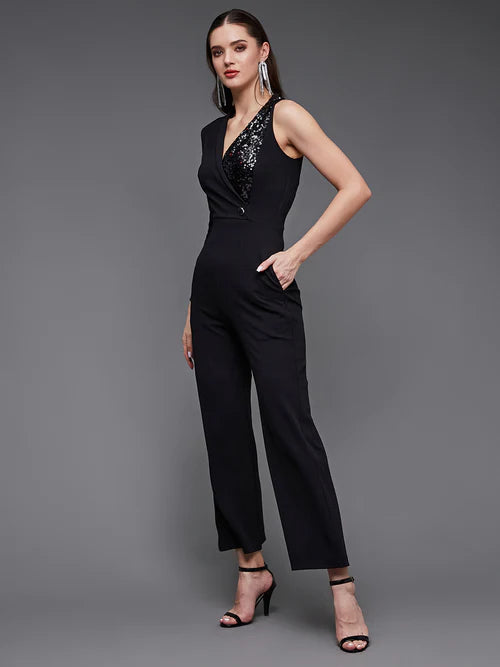 Black Sequined Shawl Collar Asymmetric Blazer-Styled Slim Fit Party Jumpsuit