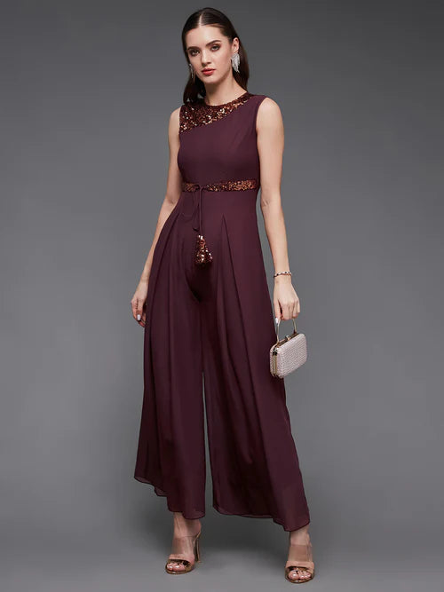 Women's Wine Sequined Sleeveless Round Neck Party Jumpsuit