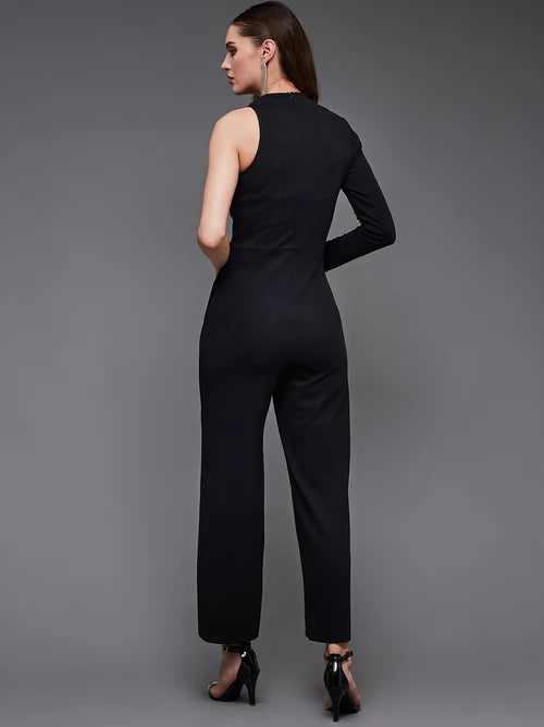 Black Sequined Shawl Collar Asymmetric Blazer-Styled Slim Fit Party Jumpsuit