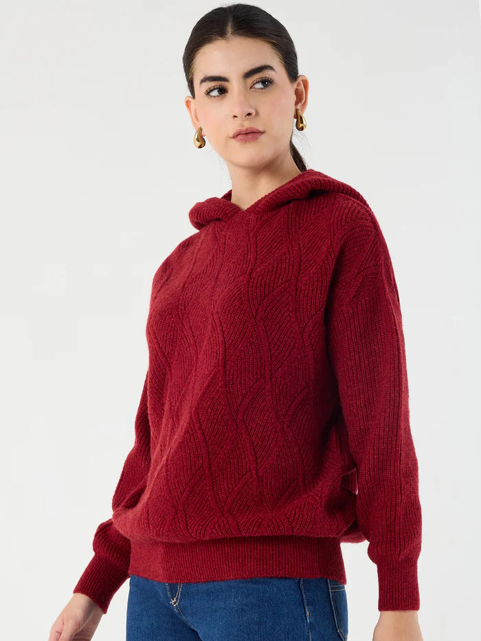 Femella Cranberry Pointelle Hooded Sweater