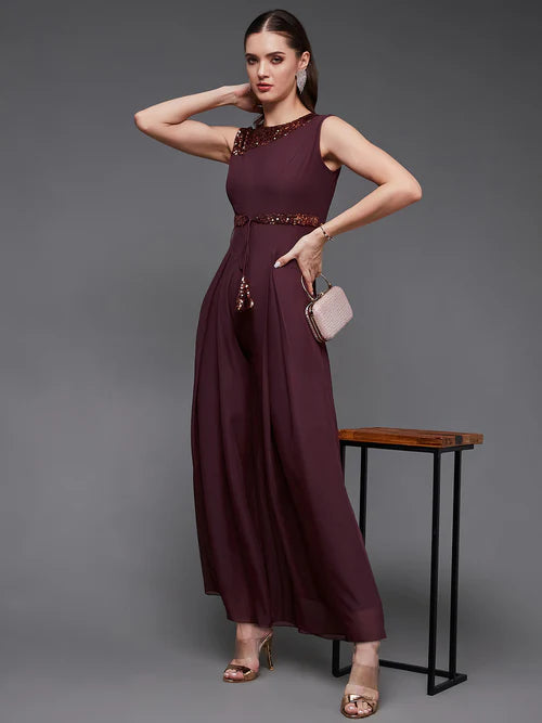Women's Wine Sequined Sleeveless Round Neck Party Jumpsuit