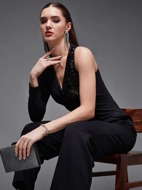 Black Sequined Shawl Collar Asymmetric Blazer-Styled Slim Fit Party Jumpsuit