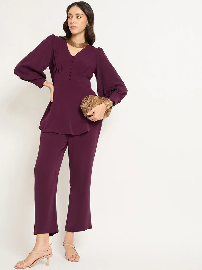 Wine Color V-Neck Co-Ord Set
