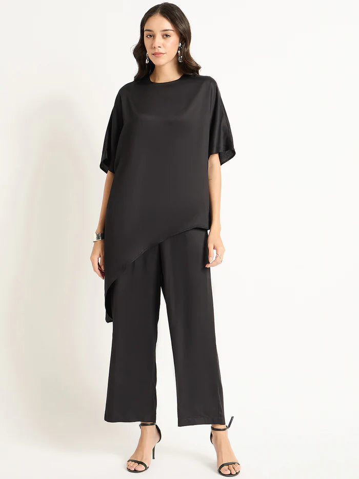 Full Black Satin Asymmetric Co-Ord Set