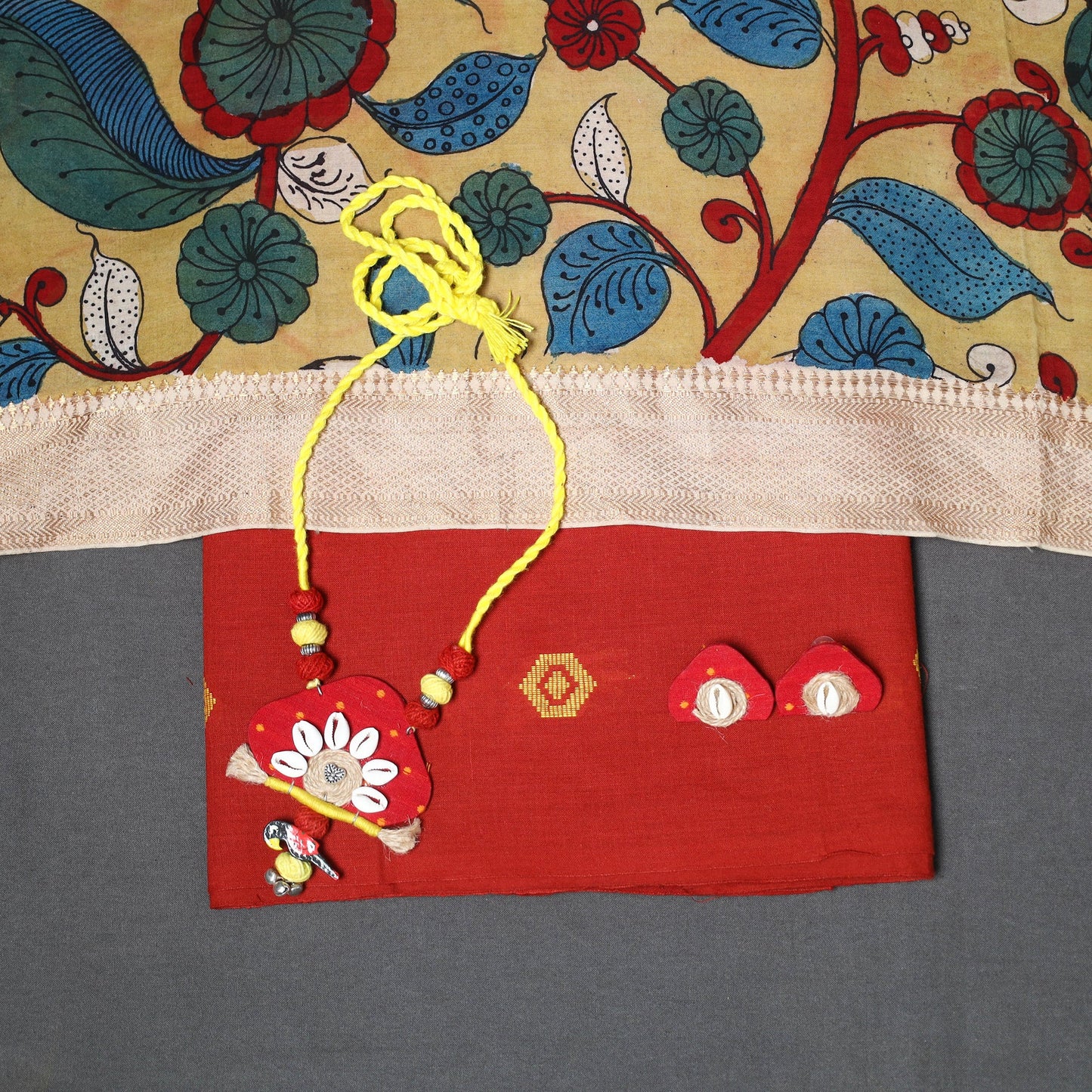 Red Jacquard Cotton Dress Material Set with Hand-Painted Kalamkari Dupatta & Jewelry