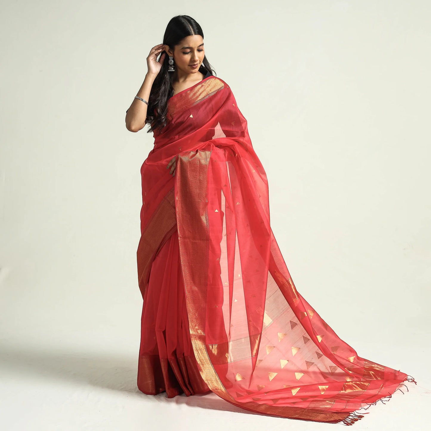 Traditional Red Chanderi Silk Handloom Saree With Zari Border & Buti