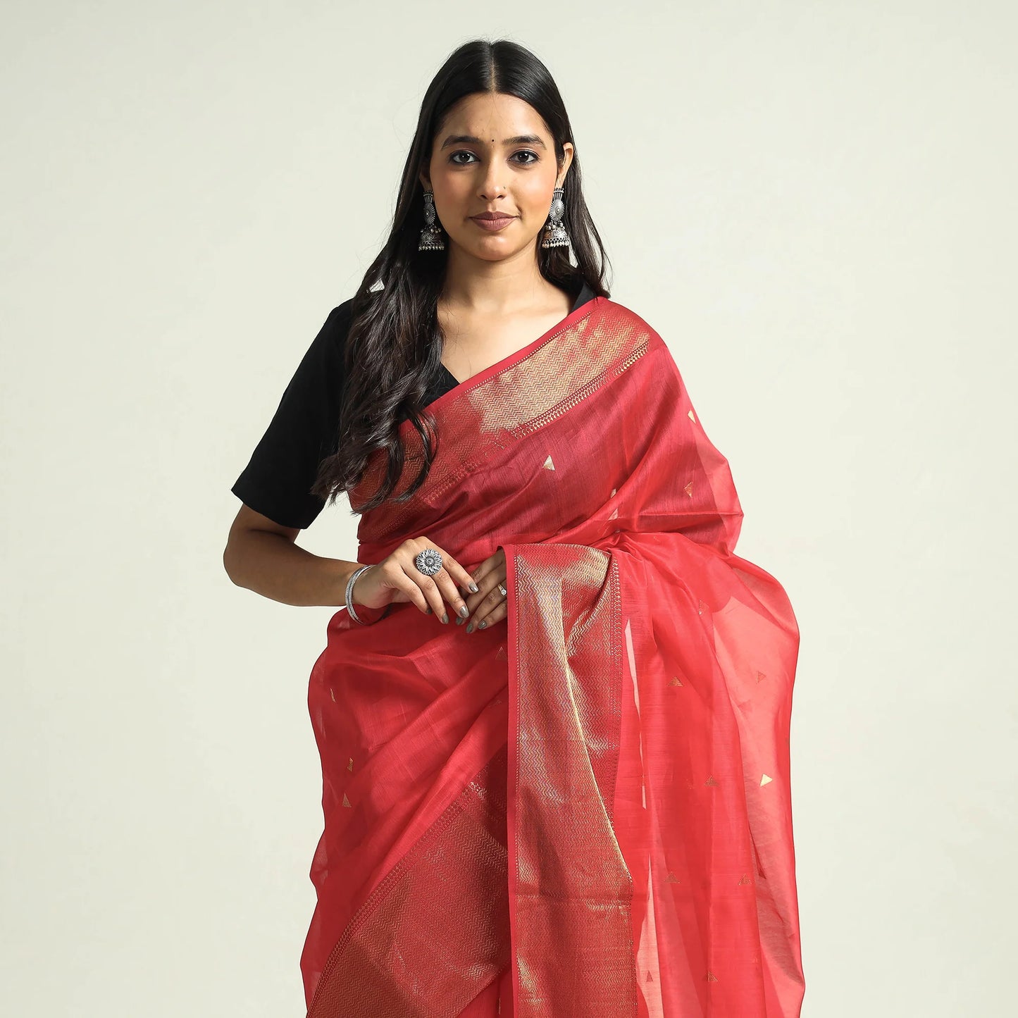 Traditional Red Chanderi Silk Handloom Saree With Zari Border & Buti