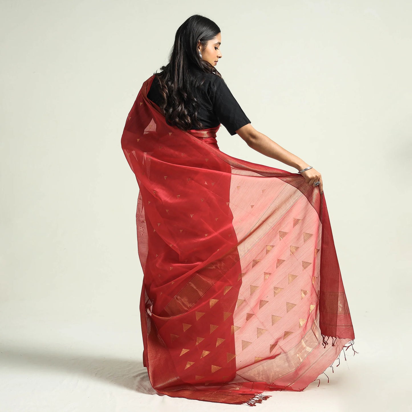 Traditional Red Chanderi Silk Handloom Saree With Zari Border & Buti
