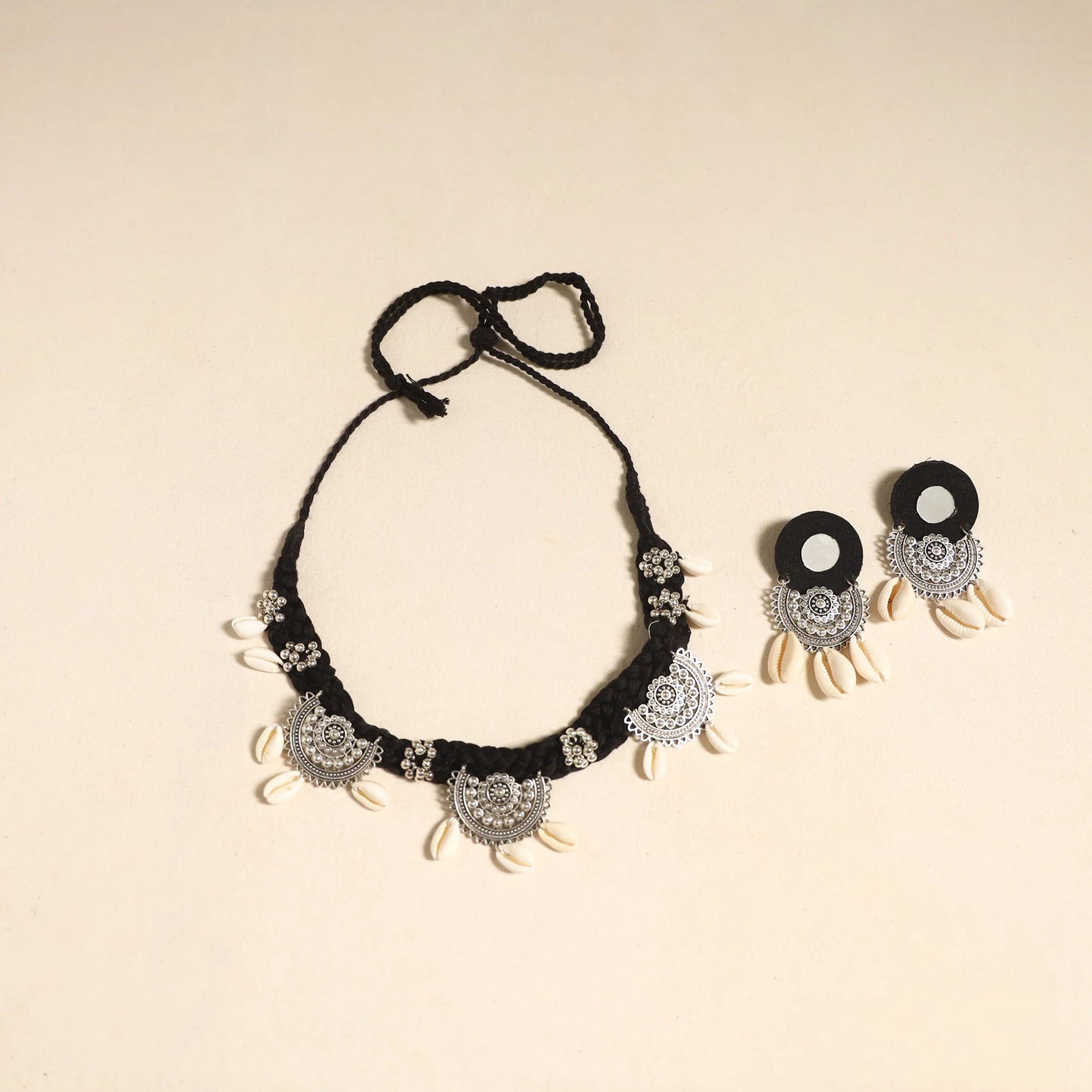 Handcrafted Black German Silver Shell-Work Necklace Set. - Navratri Special