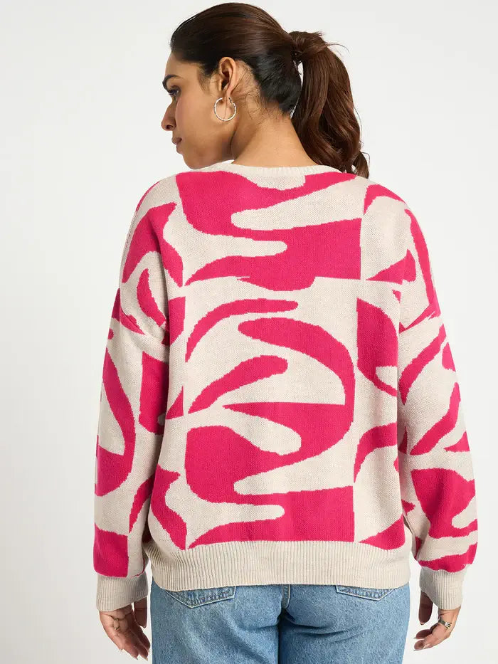 Femella Pink And Beige Abstract Sweater