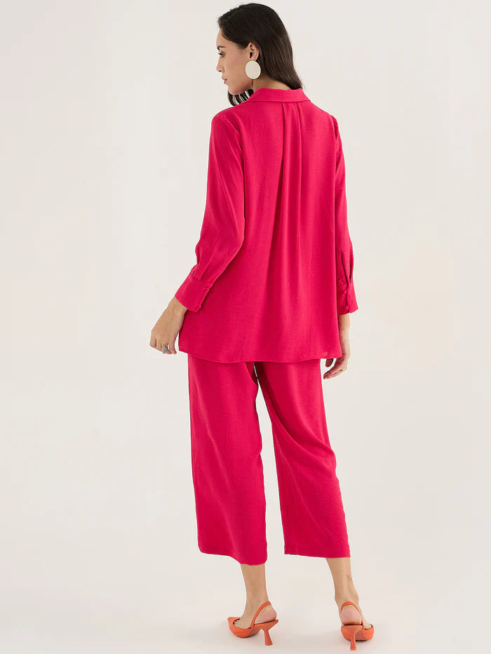 Femella Hot Pink Solid Shirt Collar Co-ord Set