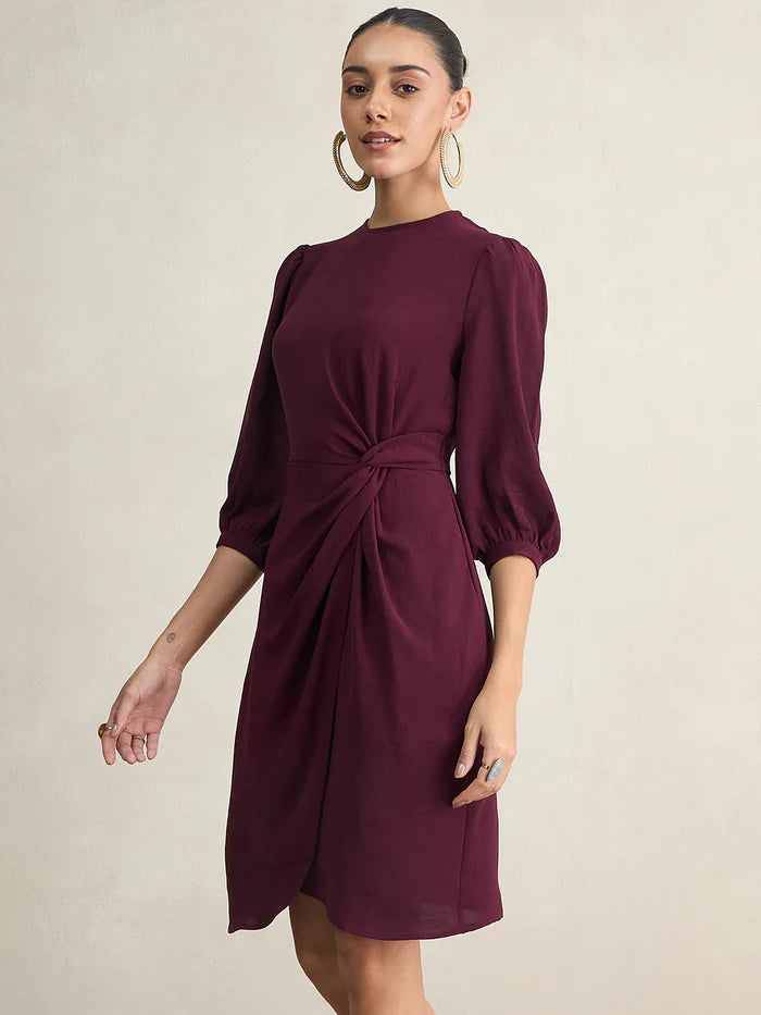 Femella Wine Knotted Knee Length Dress