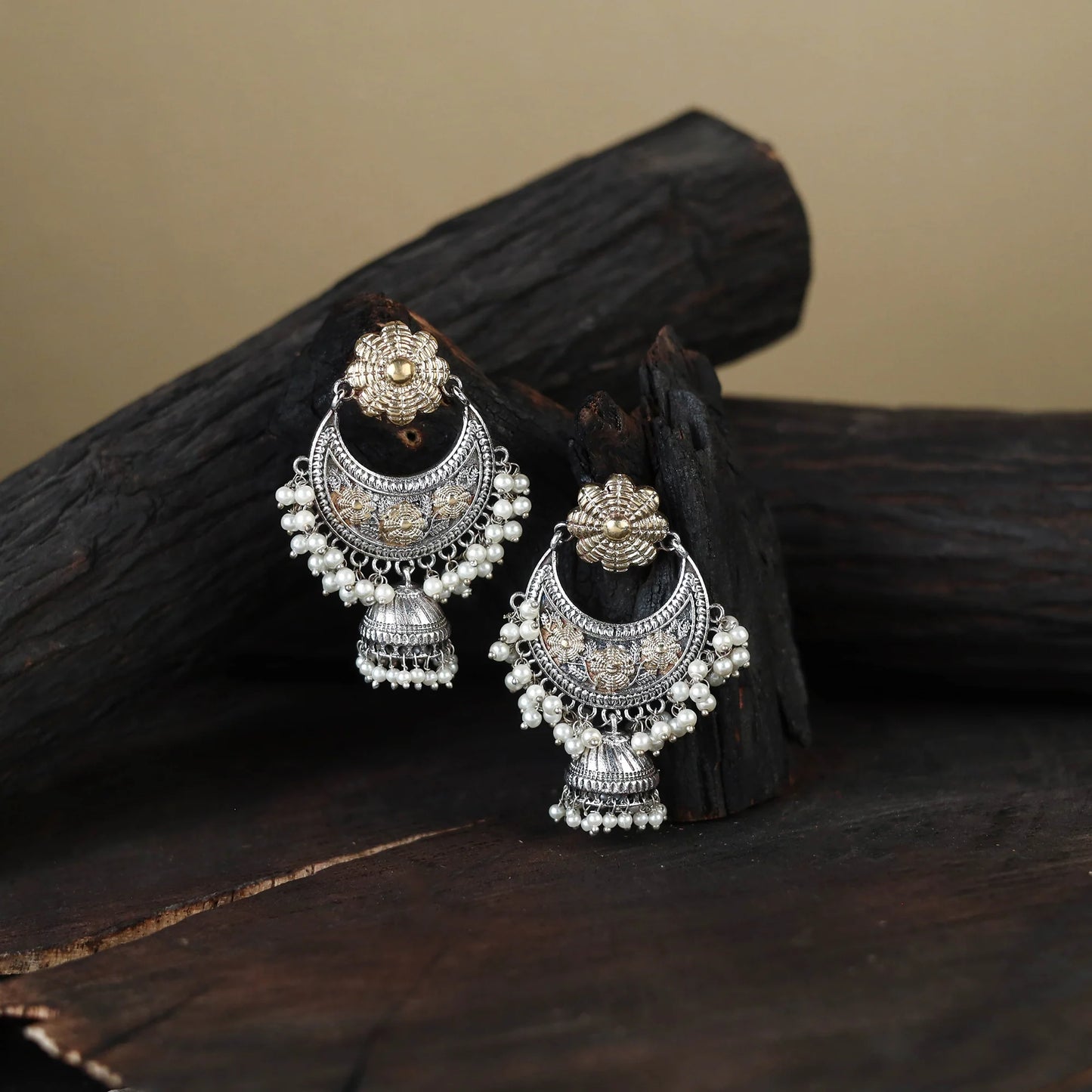 White - German Silver-Plated Classic Chandbali Earrings