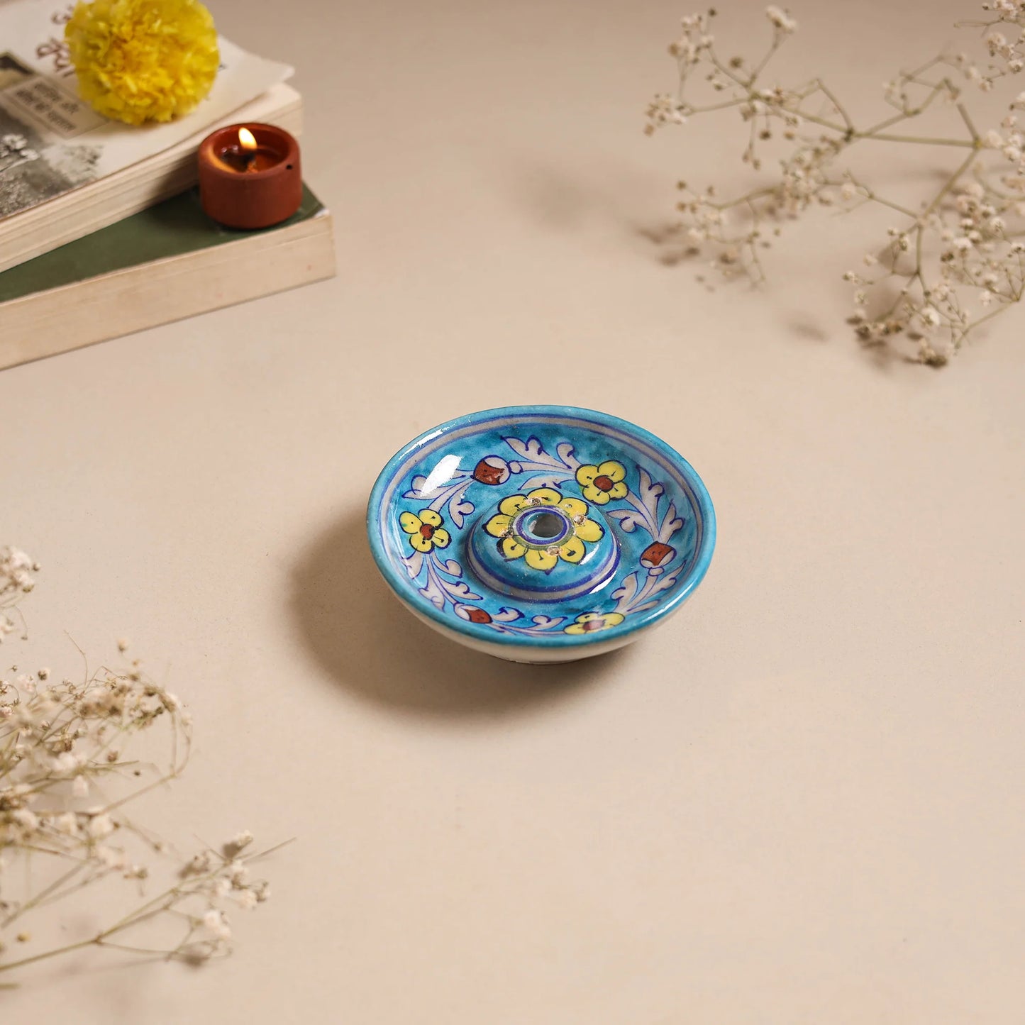 Blue Pottery Ceramic Diya with Agarbatti Stand Set