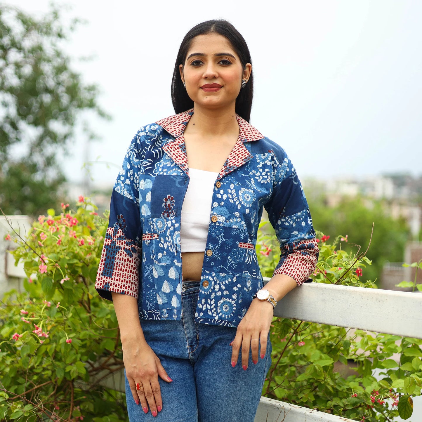 Patchwork Blue Bagru Print Women’s Cotton Jacket
